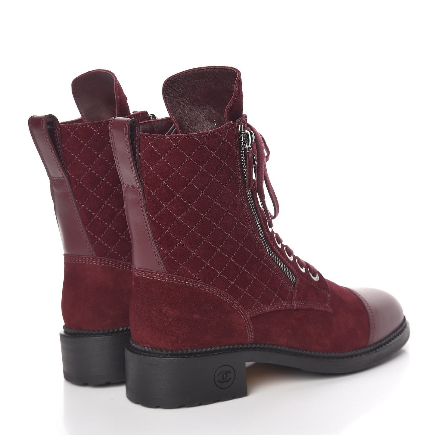 Suede Calfskin Quilted Lace Up Boots 39 Burgundy