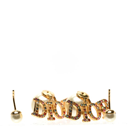 Christian Dior Pearl Crystal Logo Tribal Earrings Gold Multicolor 2 of 5