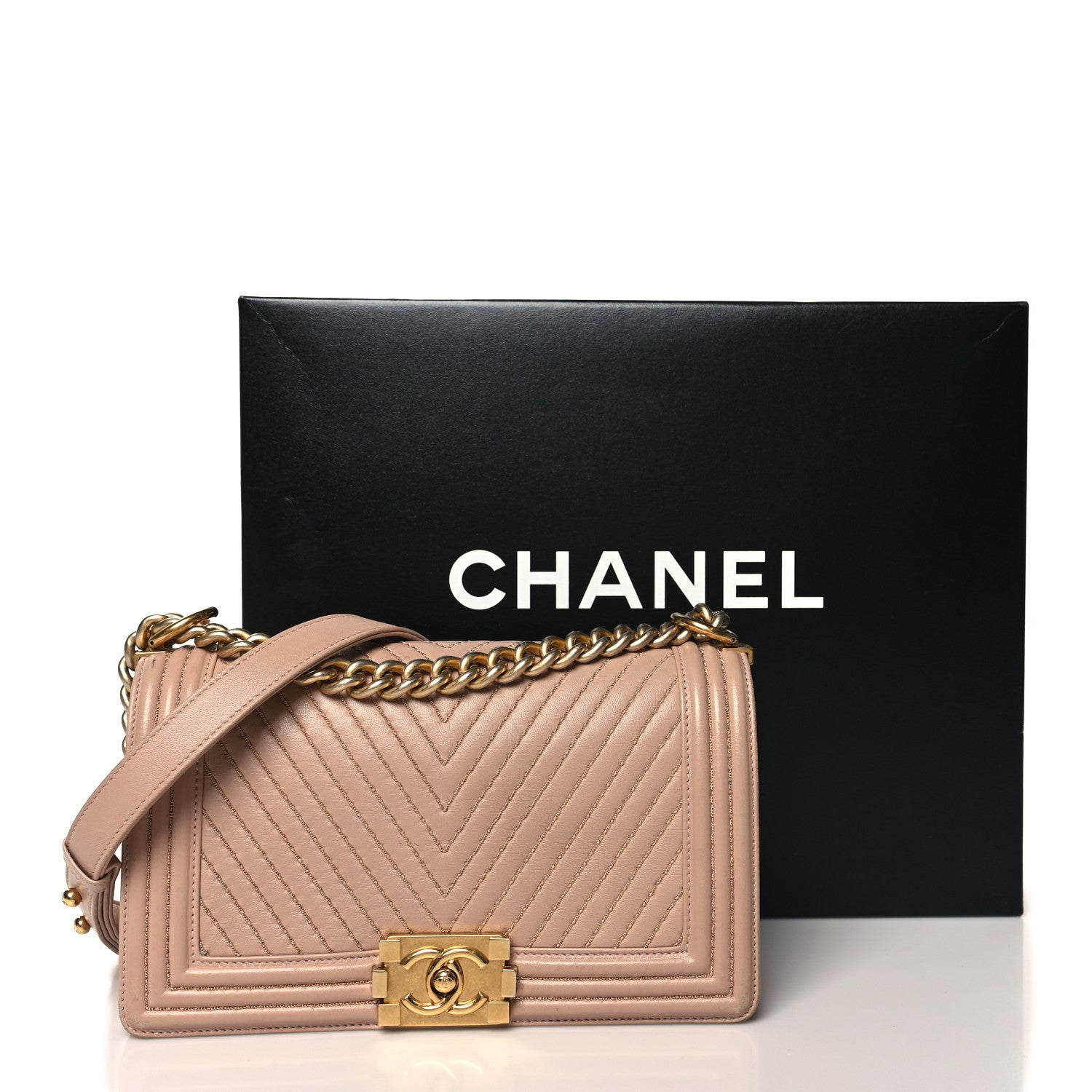 Chanel Lambskin Chevron Chain Stitched Medium Boy Flap Beige 16 of 16