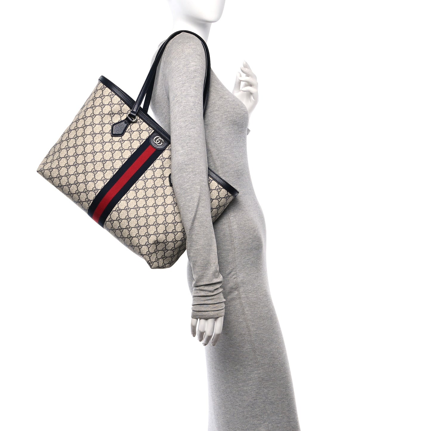 GG Supreme Monogram Textured Calfskin Web Medium Ophidia Shopping Tote Beige Blue