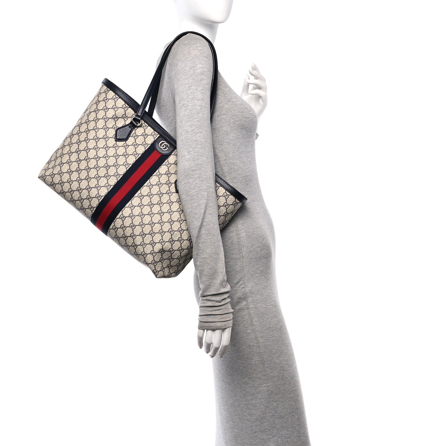 Gucci GG Supreme Monogram Textured Calfskin Web Medium Ophidia Shopping Tote Beige Blue 2 of 11