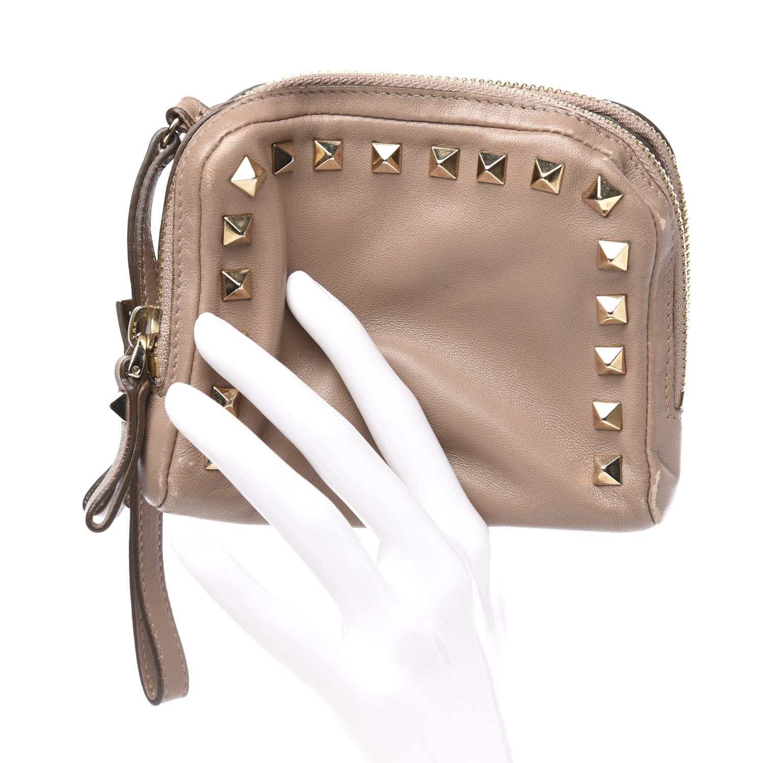 Valentino Garavani Vitello Rockstud Double Zip Compartment Clutch Wristlet Bag Poudre 2 of 12