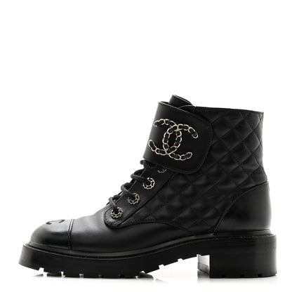 Chanel Shiny Lambskin Quilted Lace Up Combat Boots 39 Black 1 of 20