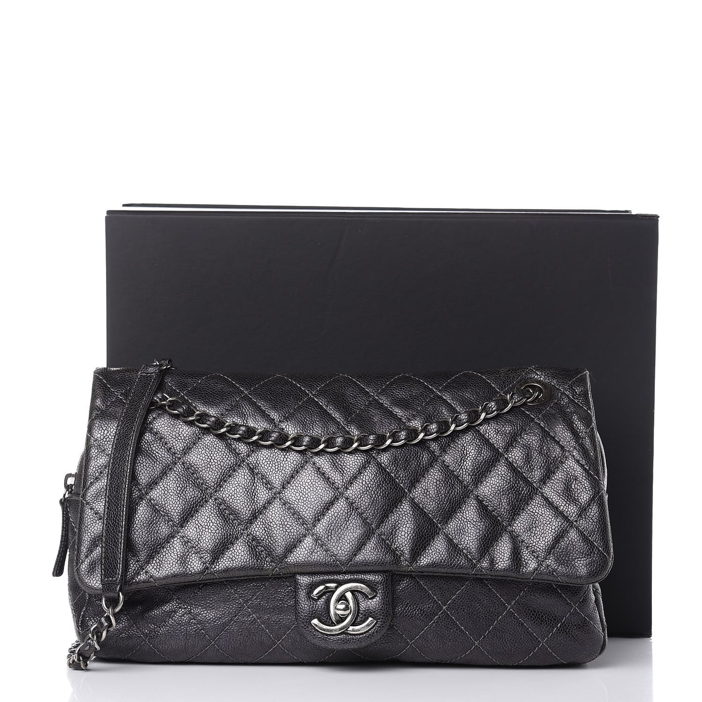 Iridescent Caviar Quilted Large Chic Flap Dark Grey