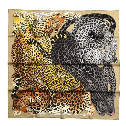 Hermes Silk Twill Lazy Leopardesses Scarf 90 Camel Anthracite 1 of 6