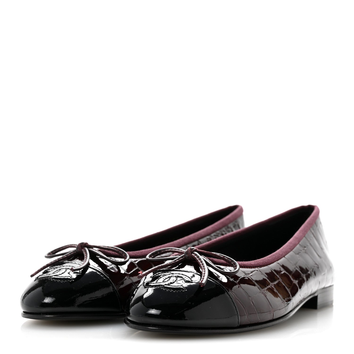 Chanel Crocodile Embossed Patent Cap Toe Ballerina Flats 36.5 Dark Burgundy Black 4 of 10