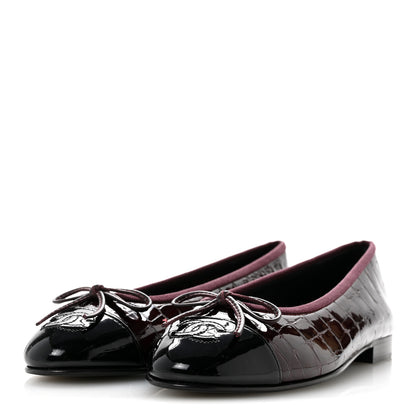Chanel Crocodile Embossed Patent Cap Toe Ballerina Flats 36.5 Dark Burgundy Black 4 of 10