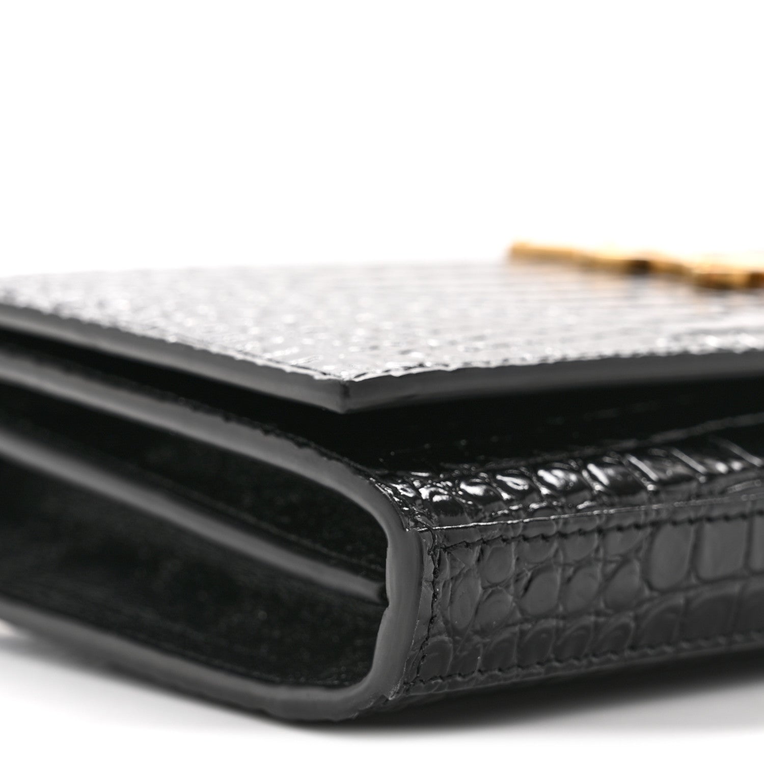Saint Laurent Calfskin Crocodile Embossed Cassandre Wallet On Chain WOC Black 9 of 13