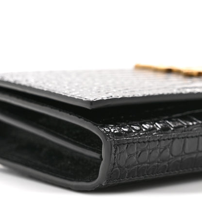Saint Laurent Calfskin Crocodile Embossed Cassandre Wallet On Chain WOC Black 9 of 13
