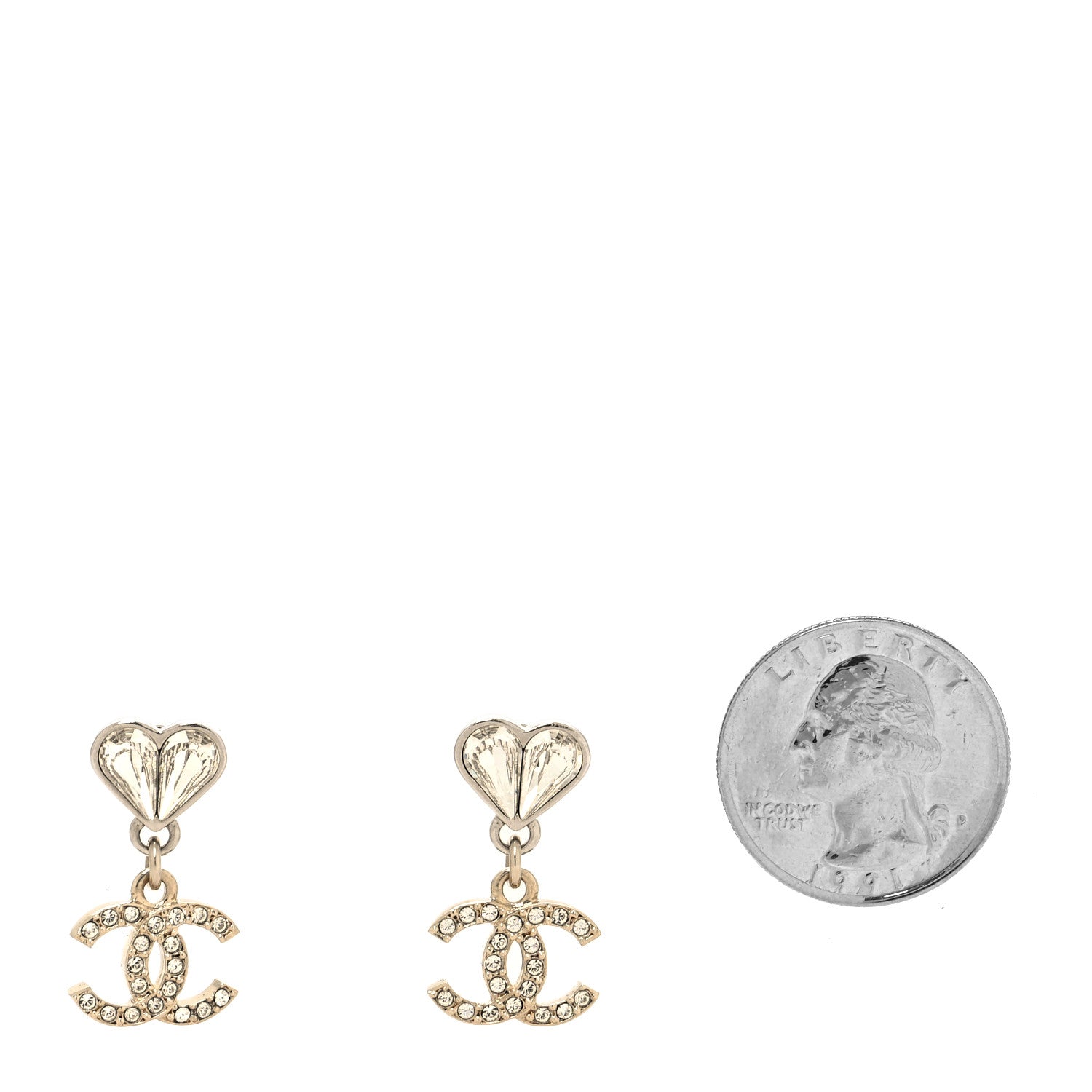 Chanel Crystal CC Heart Drop Earrings Gold 2 of 4