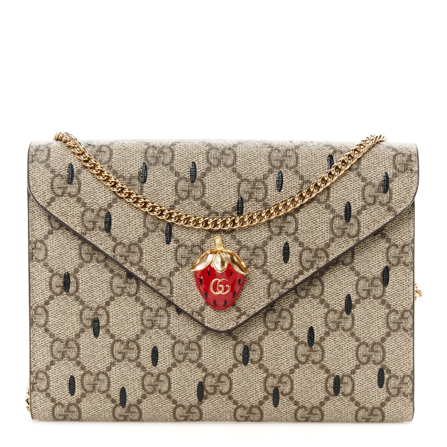 GG Supreme Monogram Strawberry Seed Textured Dollar Calfskin Enamel Double G Strawberry Wallet On Chain Beige Ebony Black New Acero Hibiscus Red