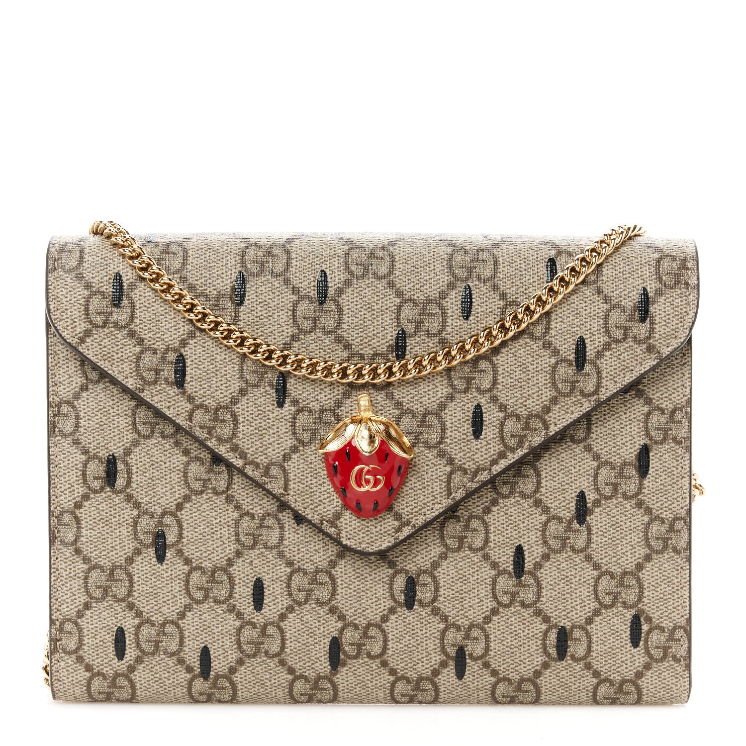 Gucci GG Supreme Monogram Strawberry Seed Textured Dollar Calfskin Enamel Double G Strawberry Wallet On Chain Beige Ebony Black New Acero Hibiscus Red 1 of 10