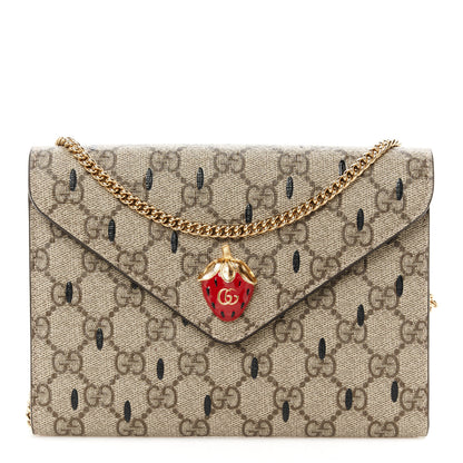 Gucci GG Supreme Monogram Strawberry Seed Textured Dollar Calfskin Enamel Double G Strawberry Wallet On Chain Beige Ebony Black New Acero Hibiscus Red 1 of 10