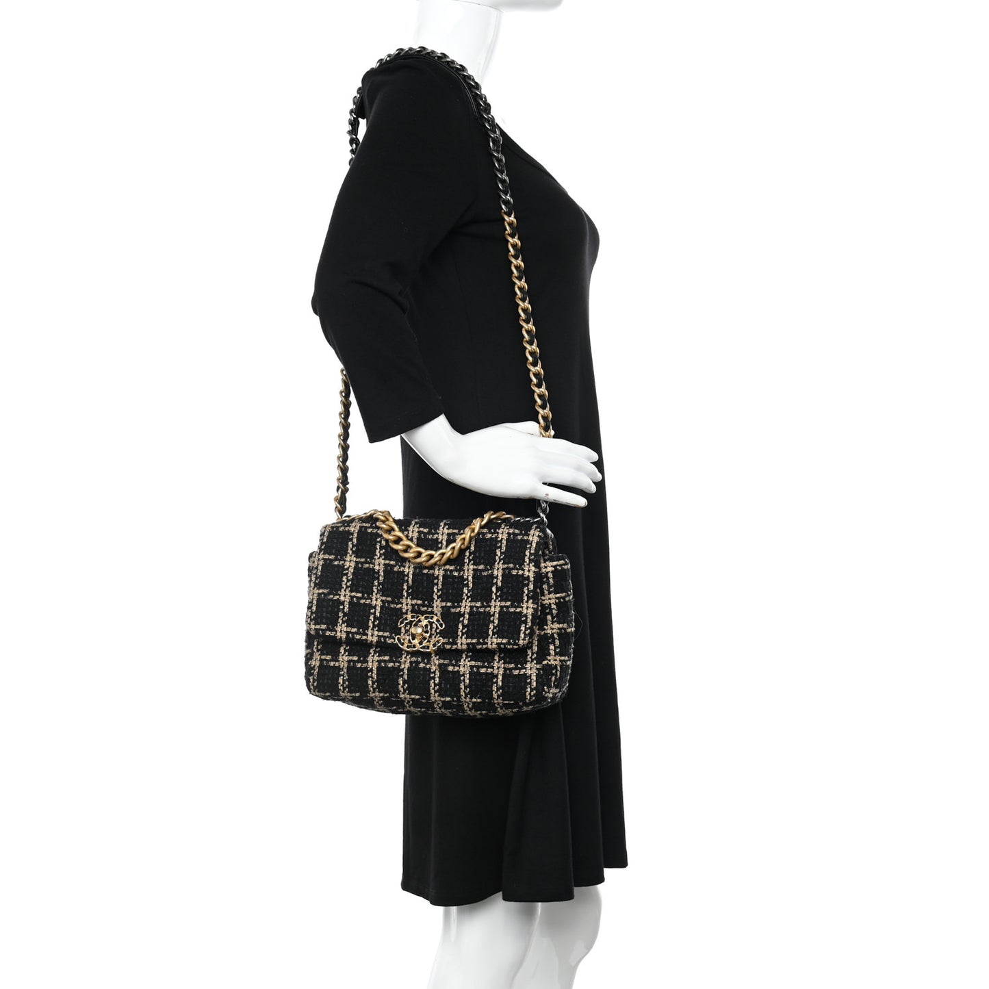 Tweed Quilted Medium Chanel 19 Flap Black Beige