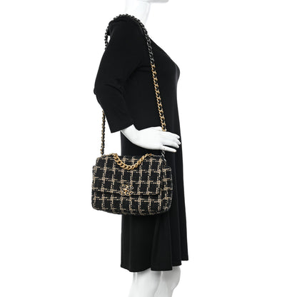 Chanel Tweed Quilted Medium Chanel 19 Flap Black Beige 2 of 12