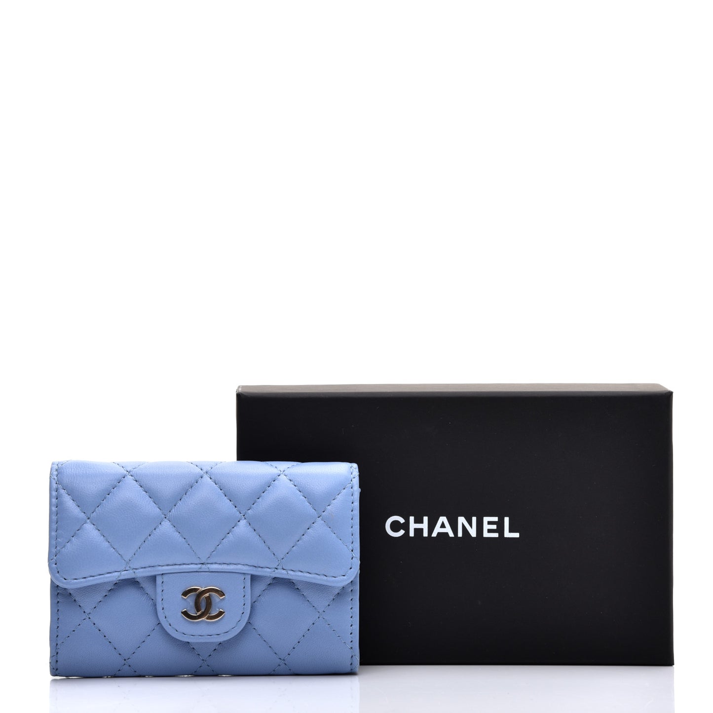 Lambskin Quilted Flap Card Holder Wallet Light Blue