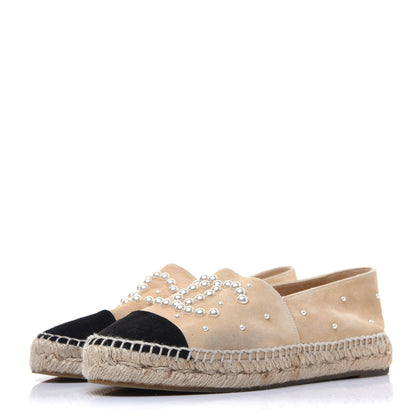 Chanel Suede Pearl CC Espadrilles 37 Beige Black 3 of 12