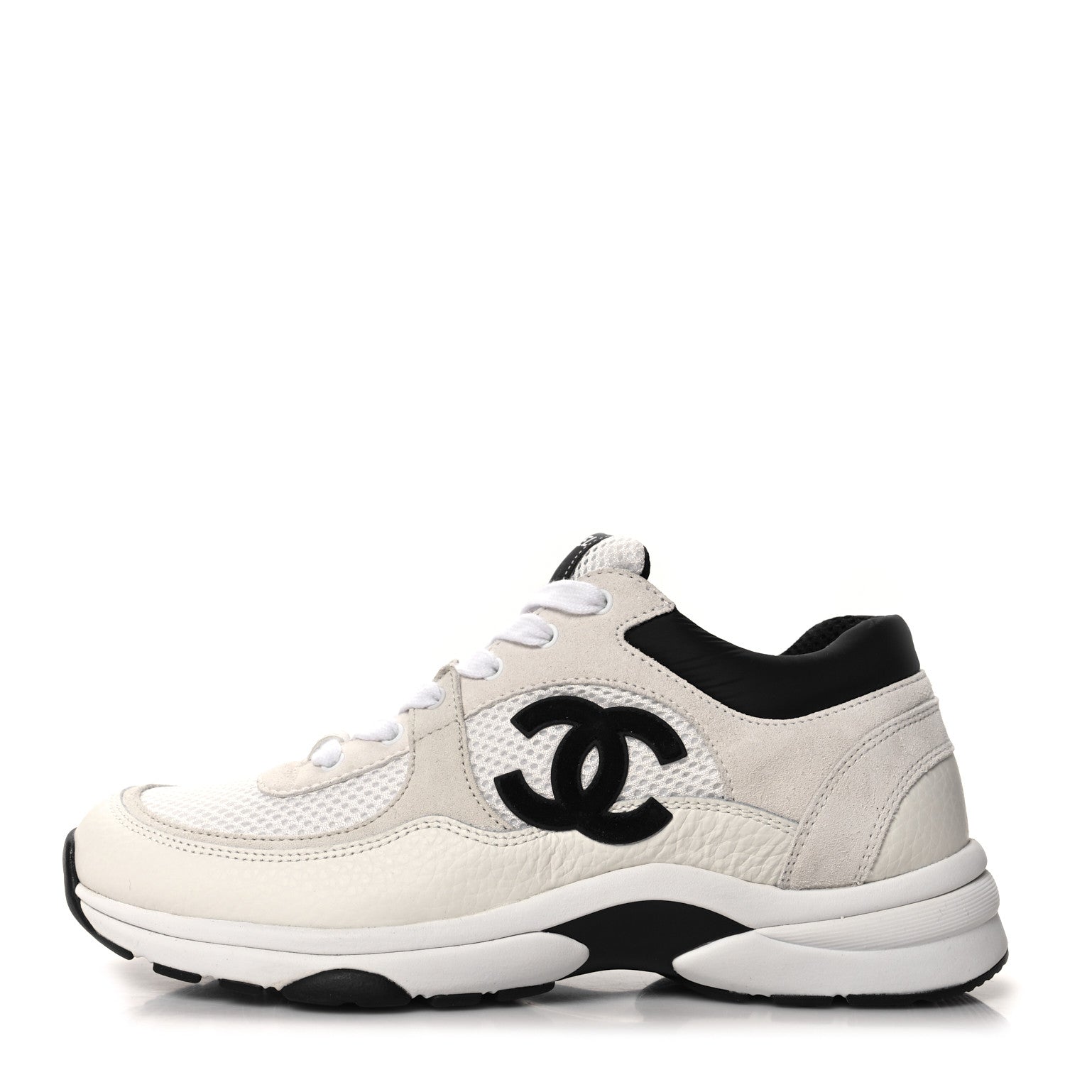 Chanel Mesh Suede Calfskin Grained Calfskin Womens CC Sneakers 38.5 White Black 1 of 7