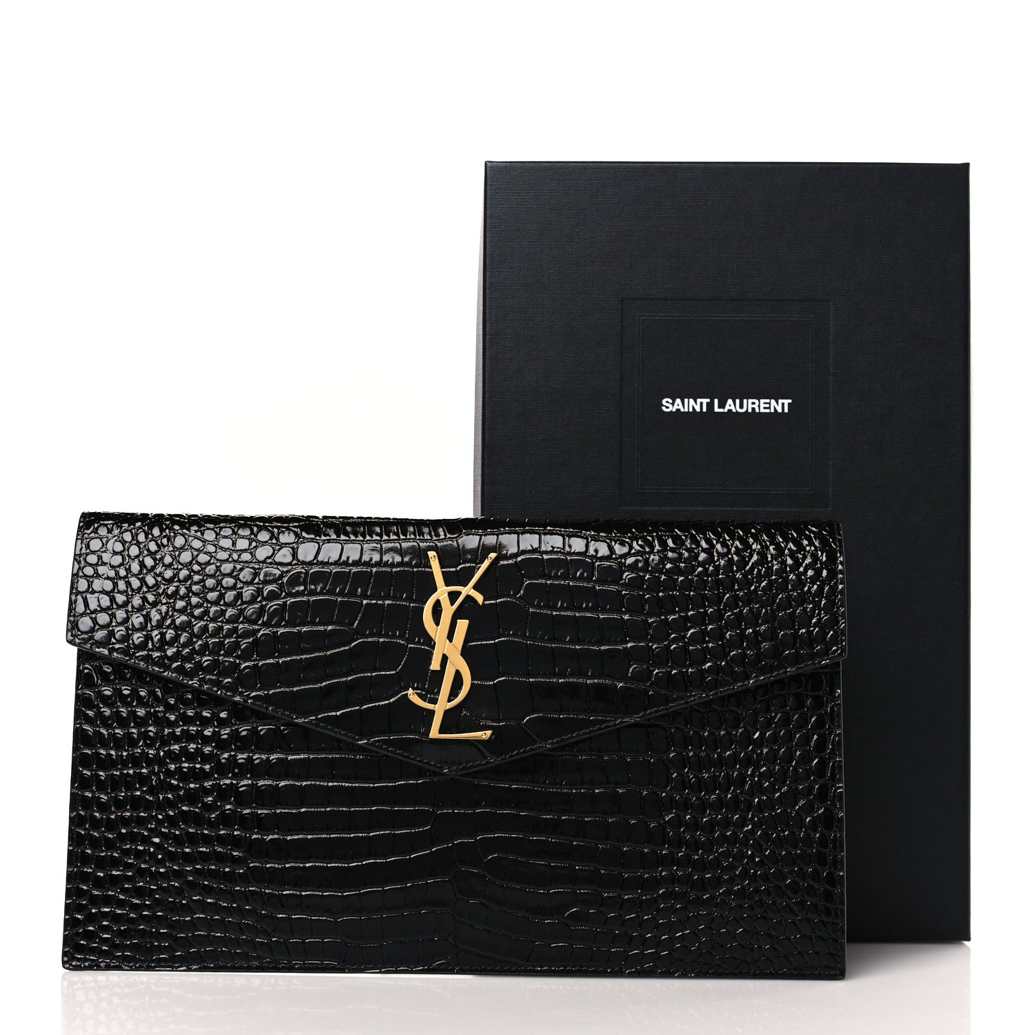 Saint Laurent Calfskin Crocodile Embossed Uptown Monogram Pouch Black 7 of 7