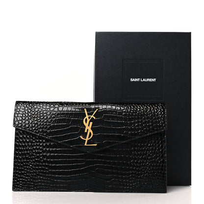 Saint Laurent Calfskin Crocodile Embossed Uptown Monogram Pouch Black 7 of 7