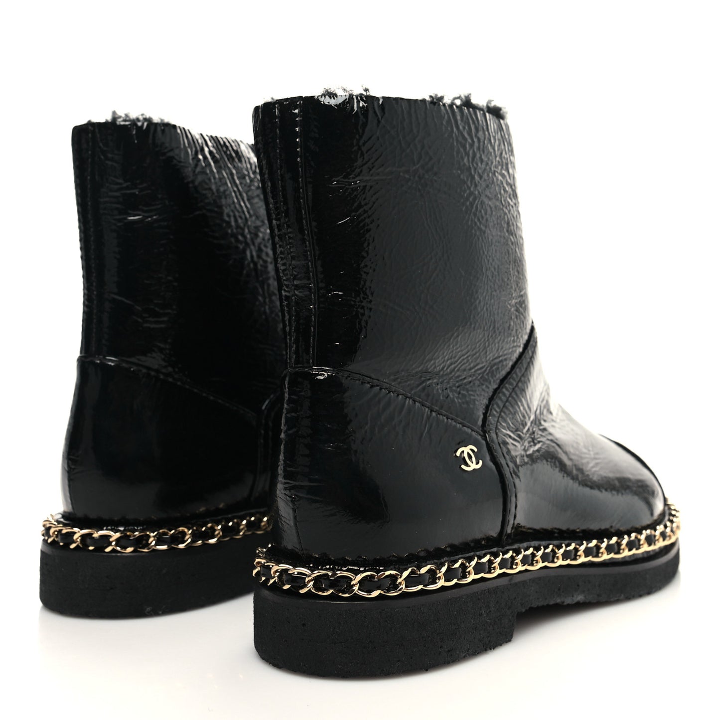 Crumpled Calfskin Shearling Womens Cap Toe Chain Short Boots 37 Black