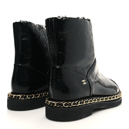 Chanel Crumpled Calfskin Shearling Womens Cap Toe Chain Short Boots 37 Black 4 of 8