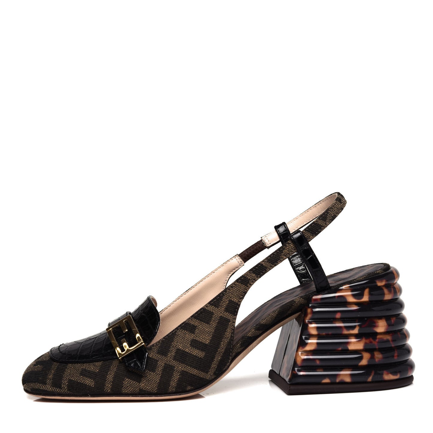 Jacquard Calfskin FF Tortoise Promenade Slingback Loafer Pumps 37.5 Tobacco