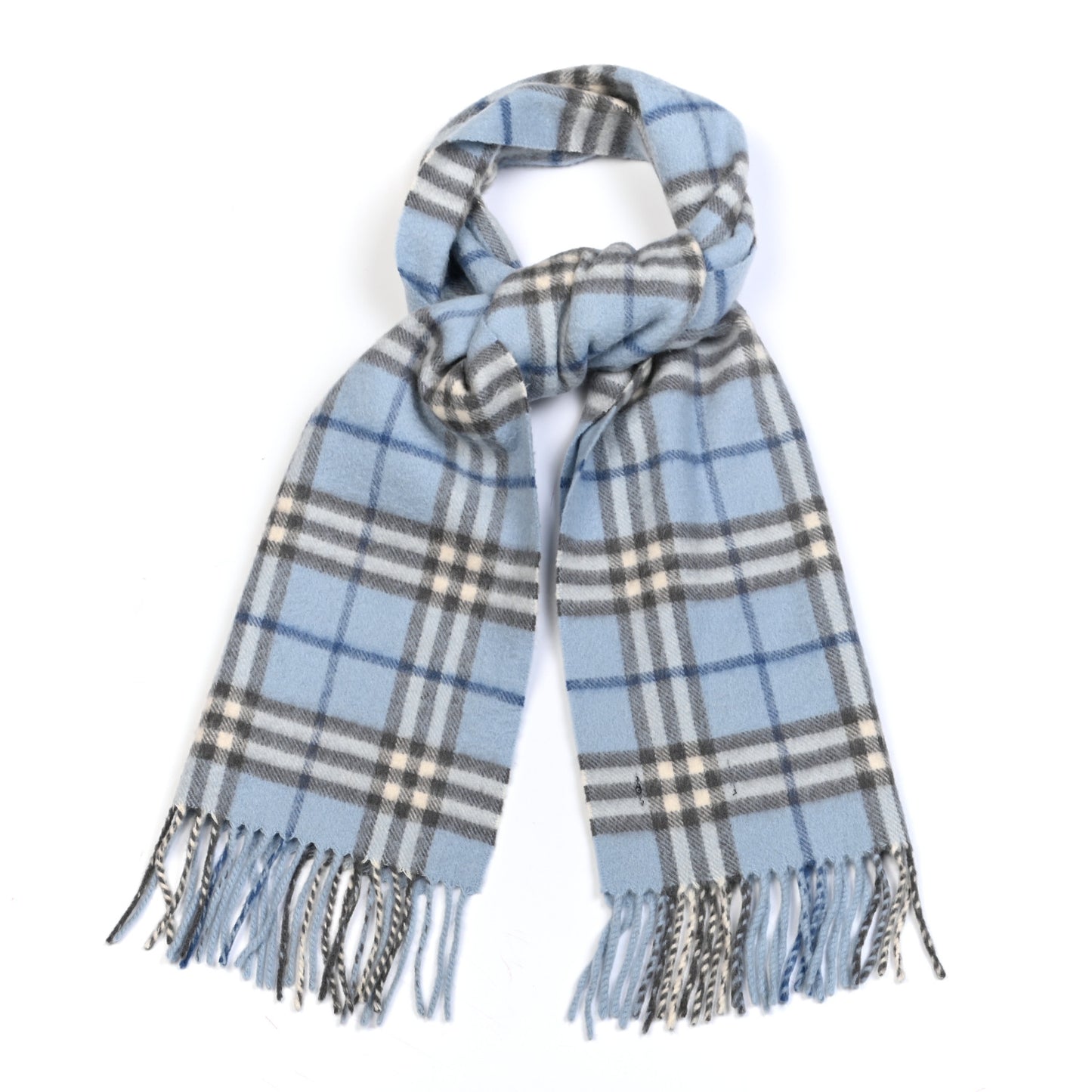 Wool Cashmere House Check Striped Fringe Scarf Blue Grey