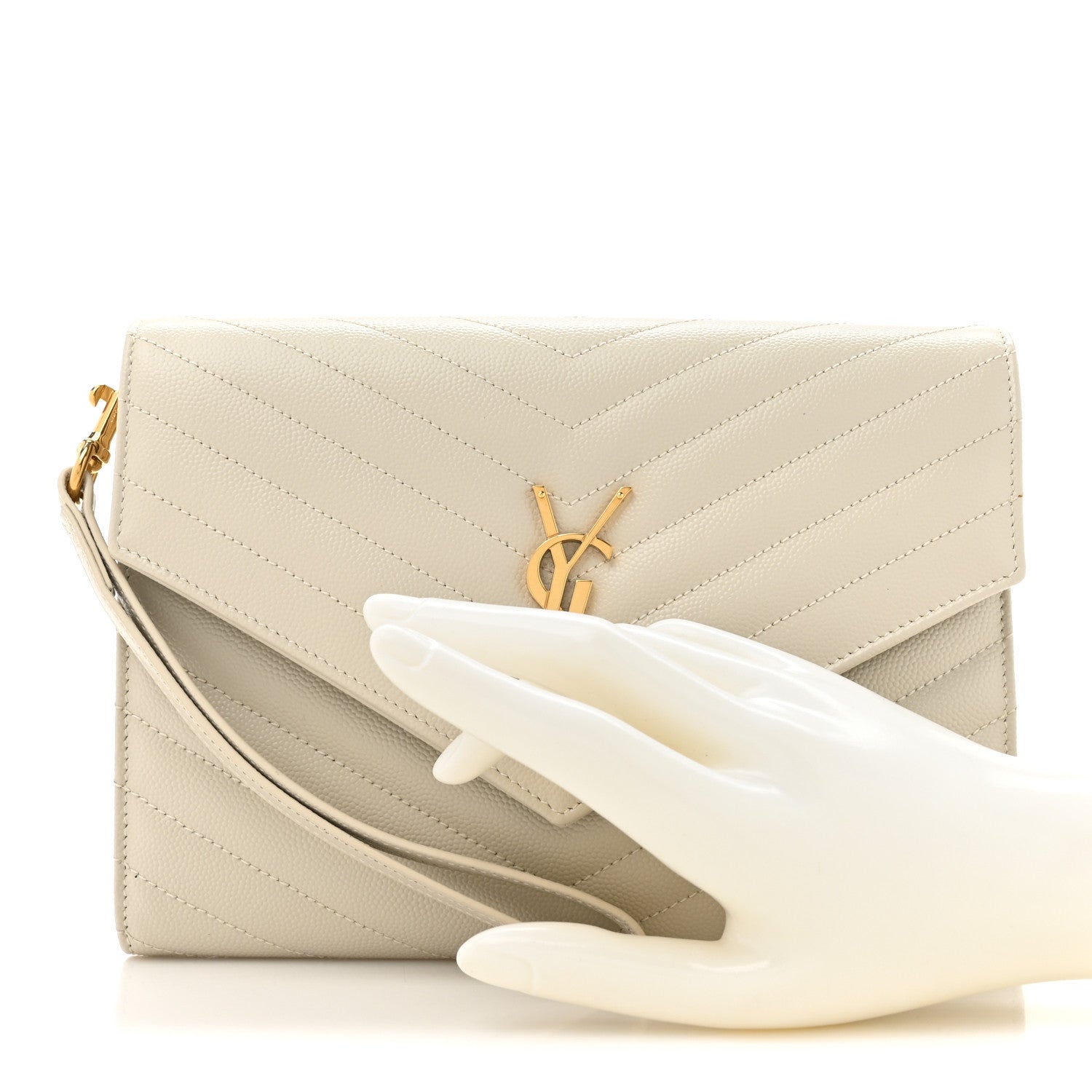 Saint Laurent Grain De Poudre Matelasse Chevron Monogram Envelope Clutch Crema Soft 2 of 7