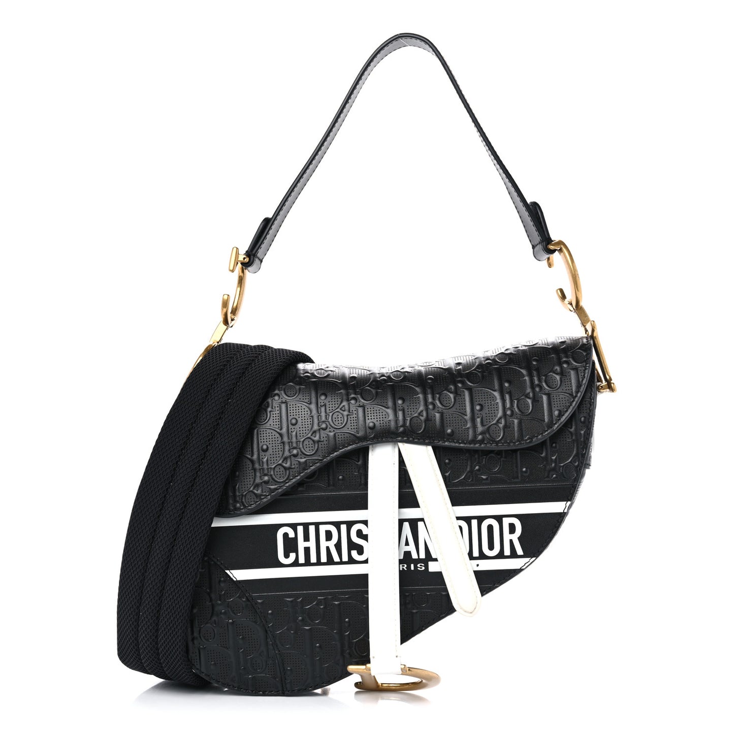 Calfskin Embossed Oblique Vibe Saddle Bag With Strap Black White