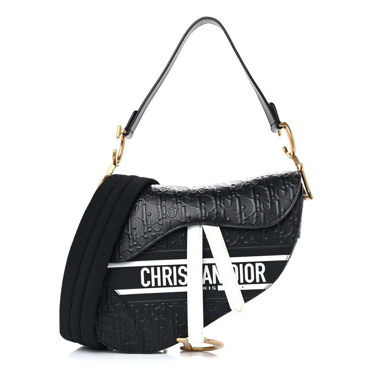 Christian Dior Calfskin Embossed Oblique Vibe Saddle Bag With Strap Black White 1 of 11