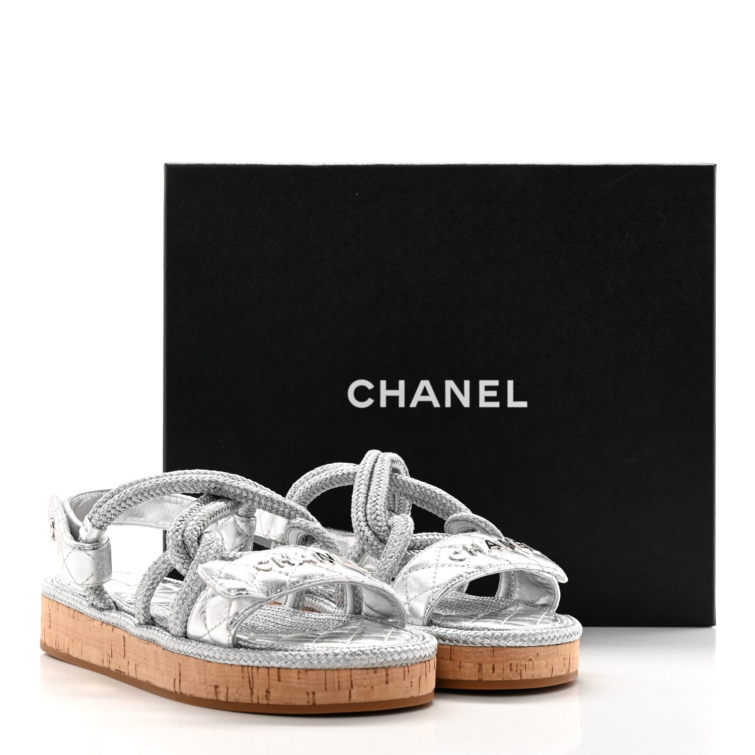 Chanel Metallic Cord Lambskin Quilted Logo Sandals 38 Silver 10 of 10