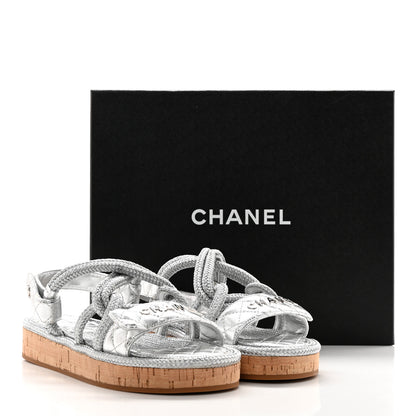 Chanel Metallic Cord Lambskin Quilted Logo Sandals 38 Silver 10 of 10