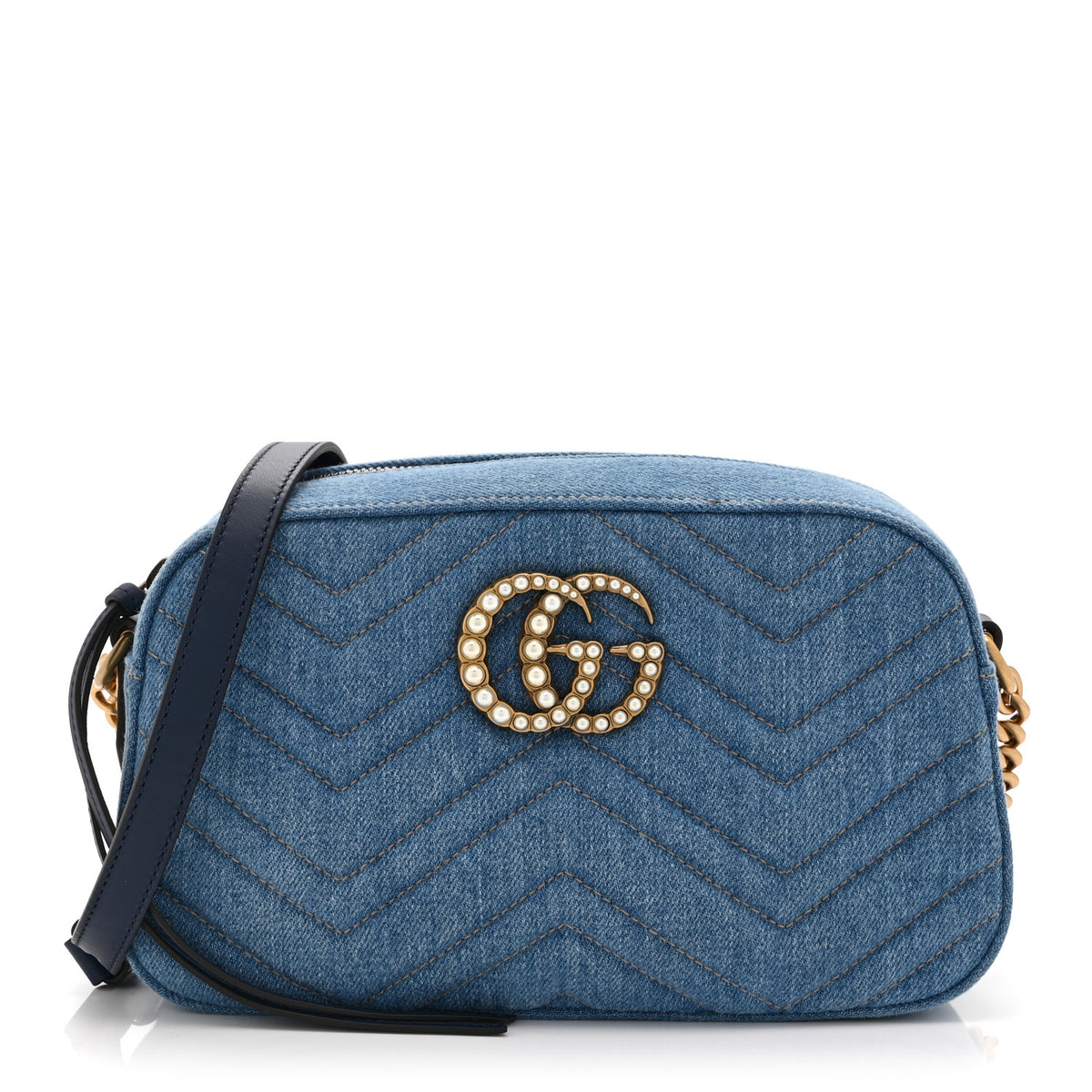 Denim Matelasse Small Pearly GG Marmont Chain Shoulder Bag Blue