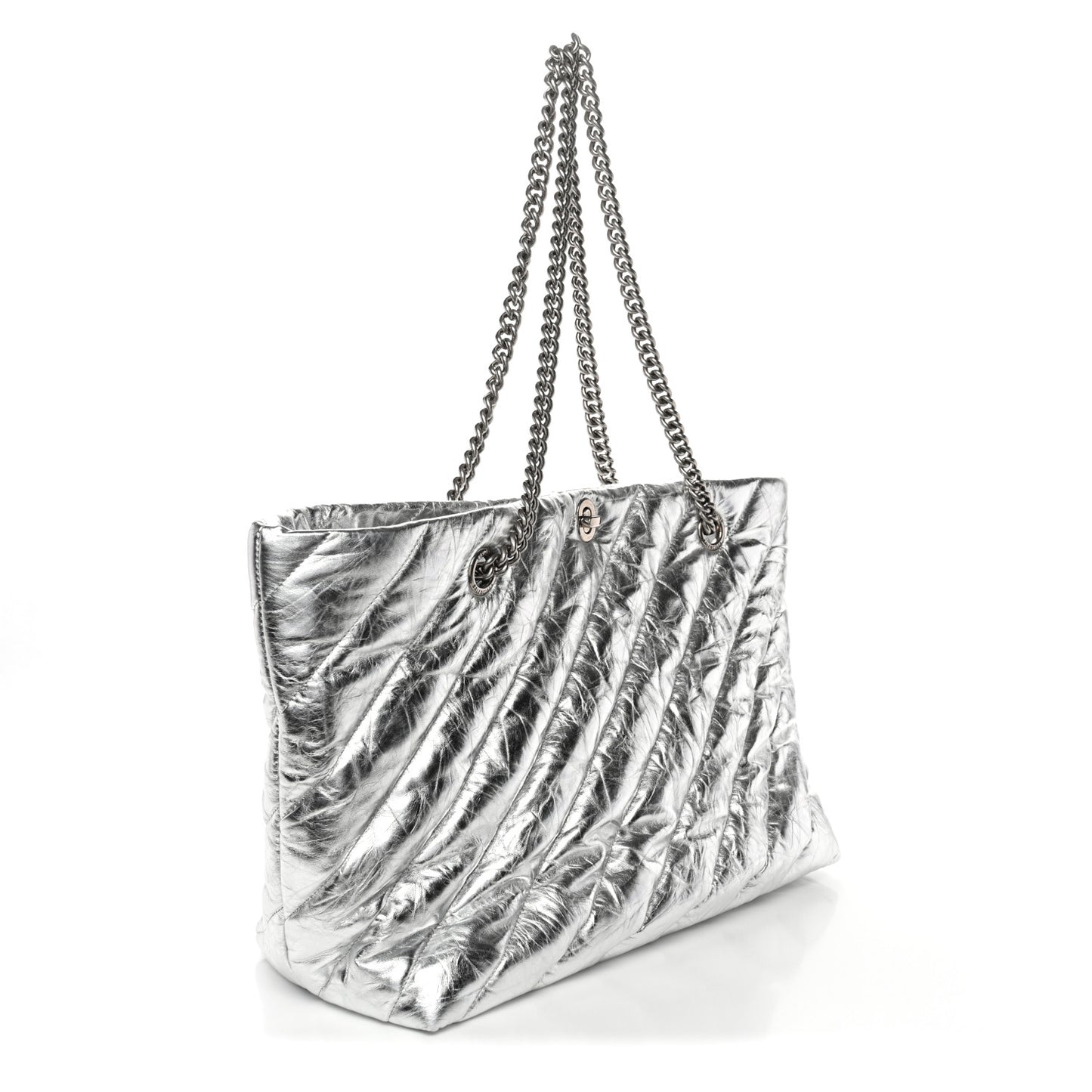 Metallic Crushed Calfskin Quilted Medium Crush Carry All Tote Bag Silver
