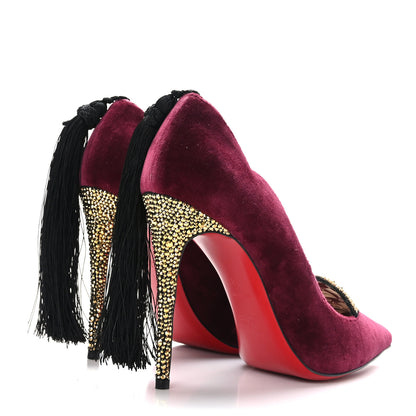 Christian Louboutin Veau Velours Suede Hot Chick 100 Kiss Pumps 38 Burgundy Gold 4 of 8