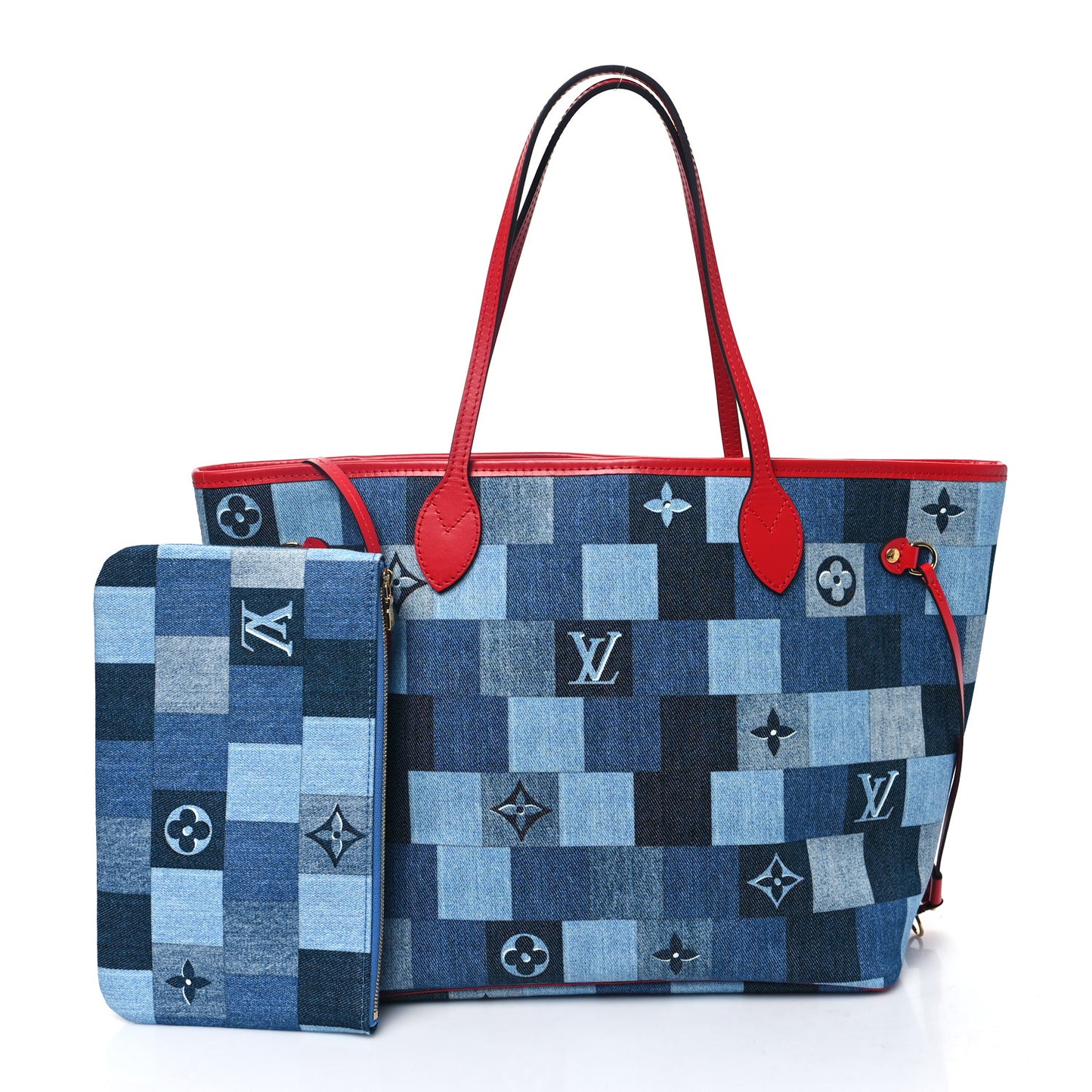 Denim Damier Monogram Patchwork Neverfull Blue Rouge