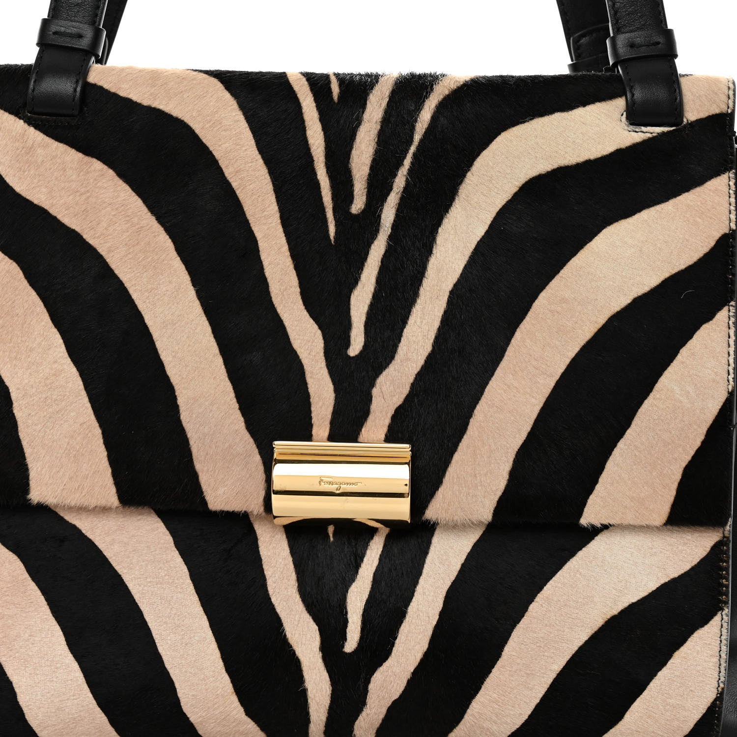 Salvatore Ferragamo Calfskin Calf Hair Zebra Print Bitter Pocket Tote Black White 7 of 9