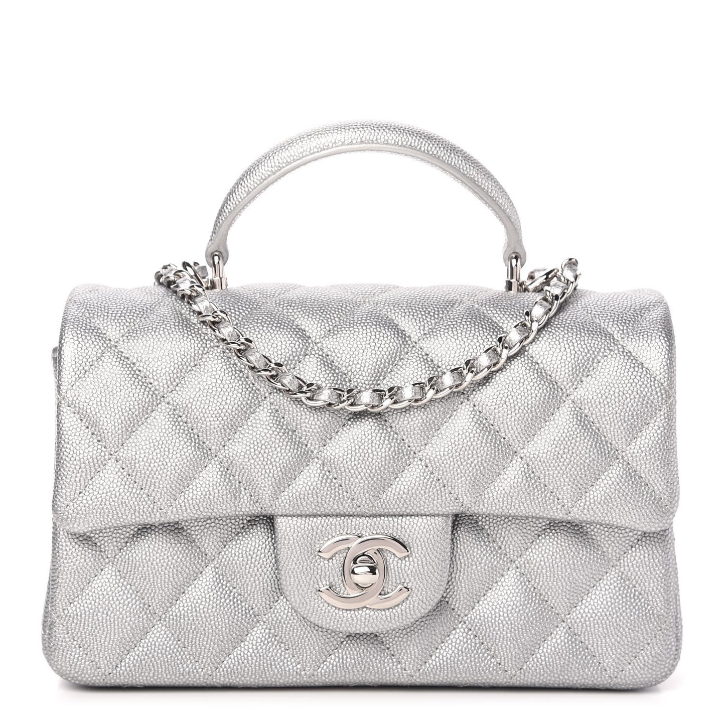 Metallic Caviar Quilted Mini Top Handle Rectangular Flap Silver