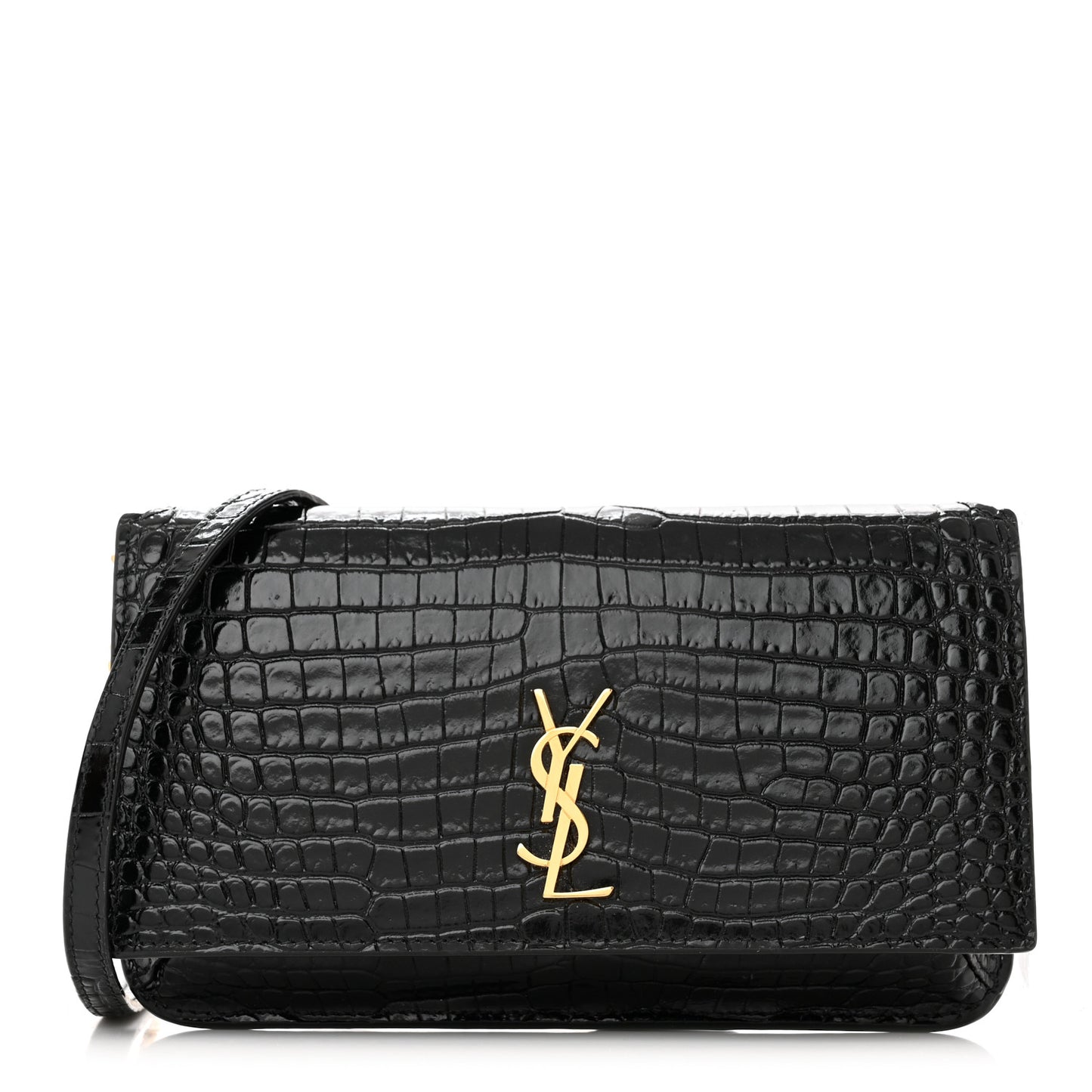Crocodile Embossed Monogram Phone Holder Crossbody Black