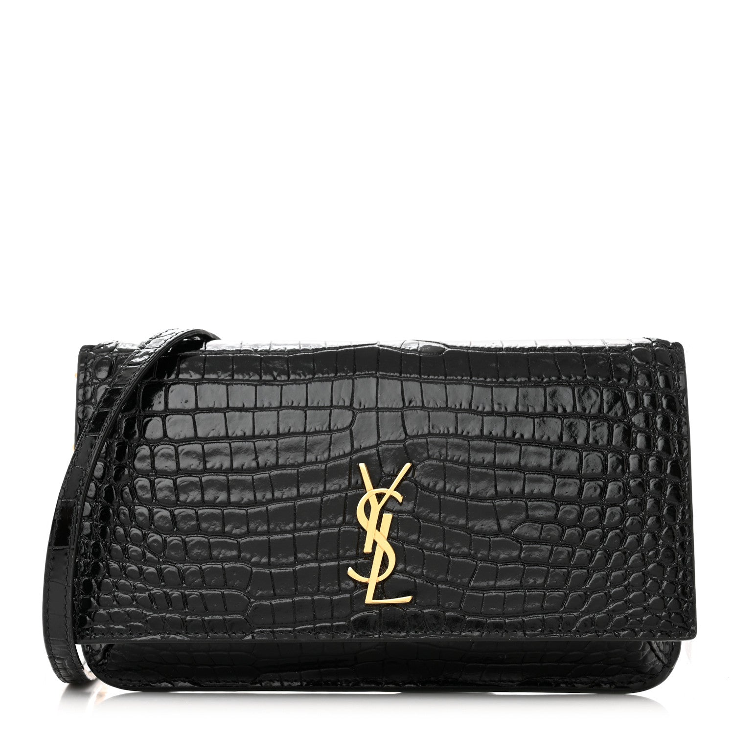 Saint Laurent Crocodile Embossed Monogram Phone Holder Crossbody Black 1 of 10