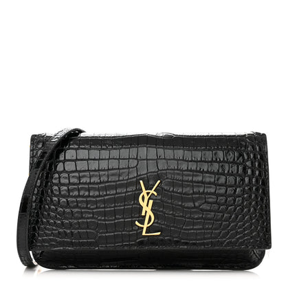 Saint Laurent Crocodile Embossed Monogram Phone Holder Crossbody Black 1 of 10