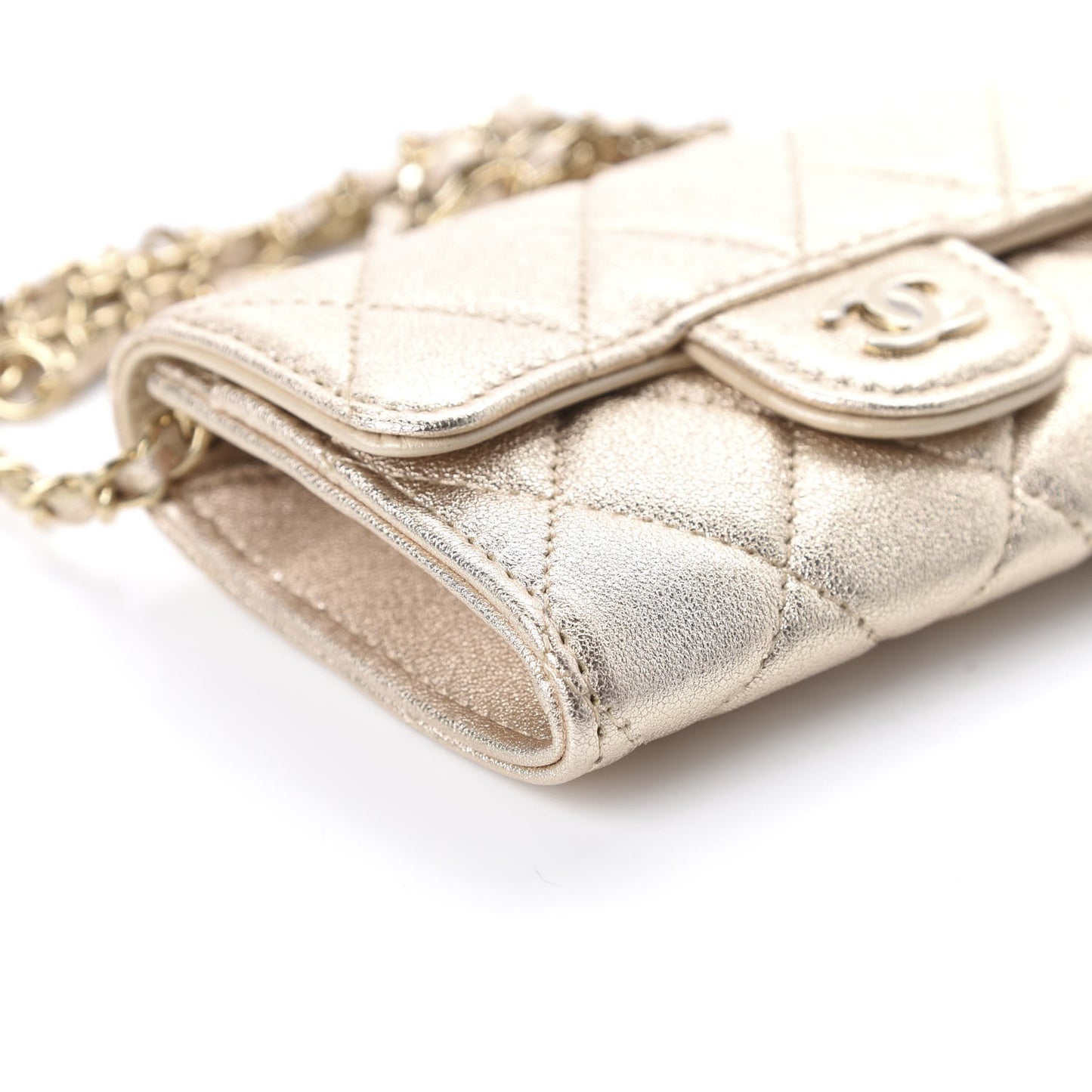 Metallic Lambskin Quilted Flap Chain Waist Bag Gold