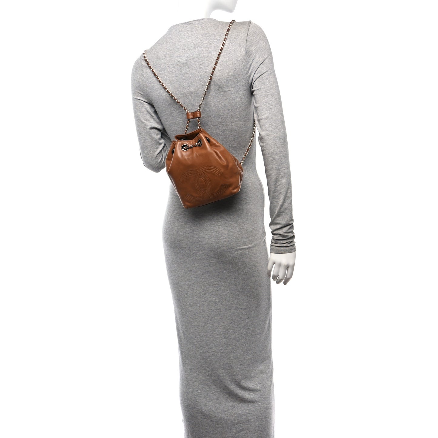 Lambskin CC Stitched Drawstring Bucket Backpack Tan