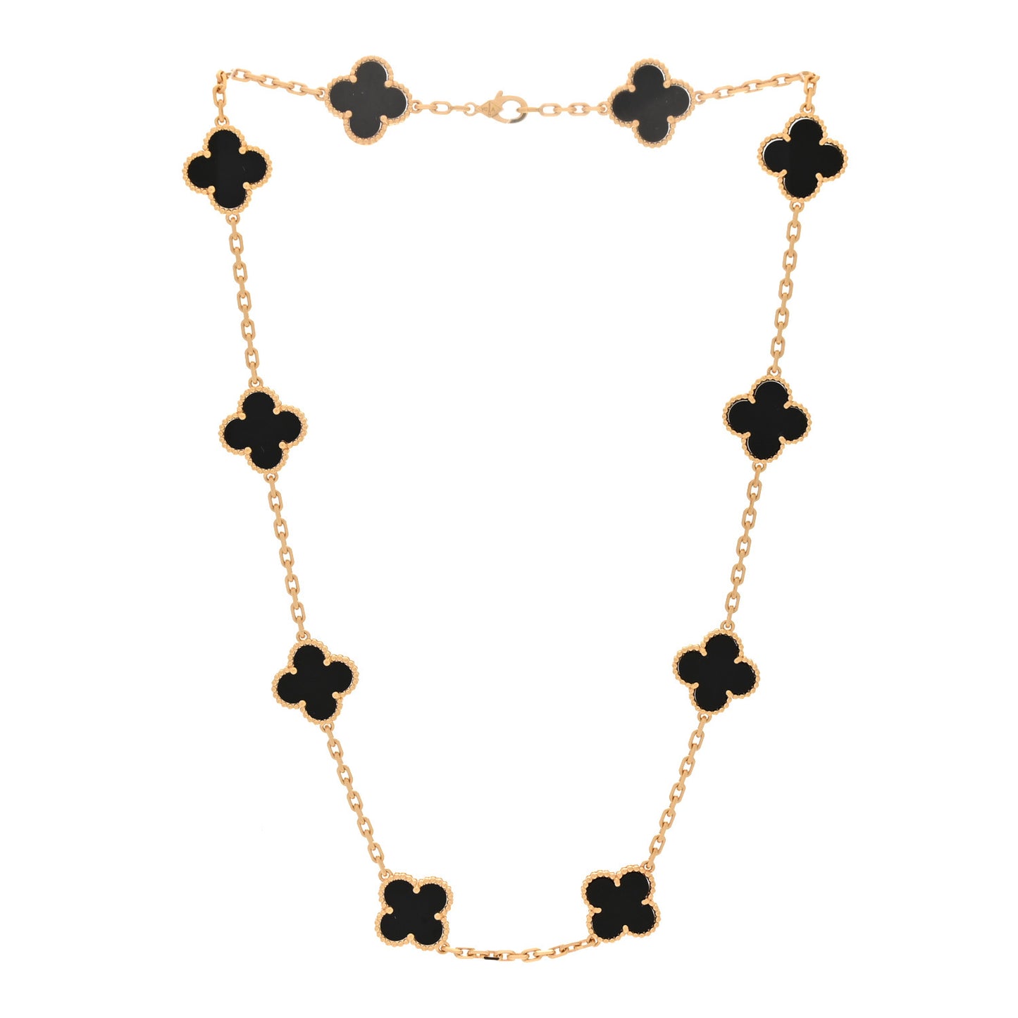 18K Yellow Gold Black Onyx 10 Motifs Vintage Alhambra Necklace