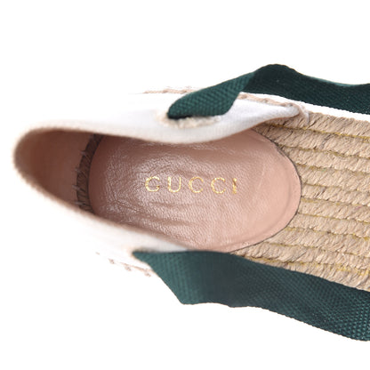Gucci Canvas Malaga Kid Web Ankle Wrap Espadrille Wedge Sandals 38.5 Green Red Mystic White Emerald 9 of 9