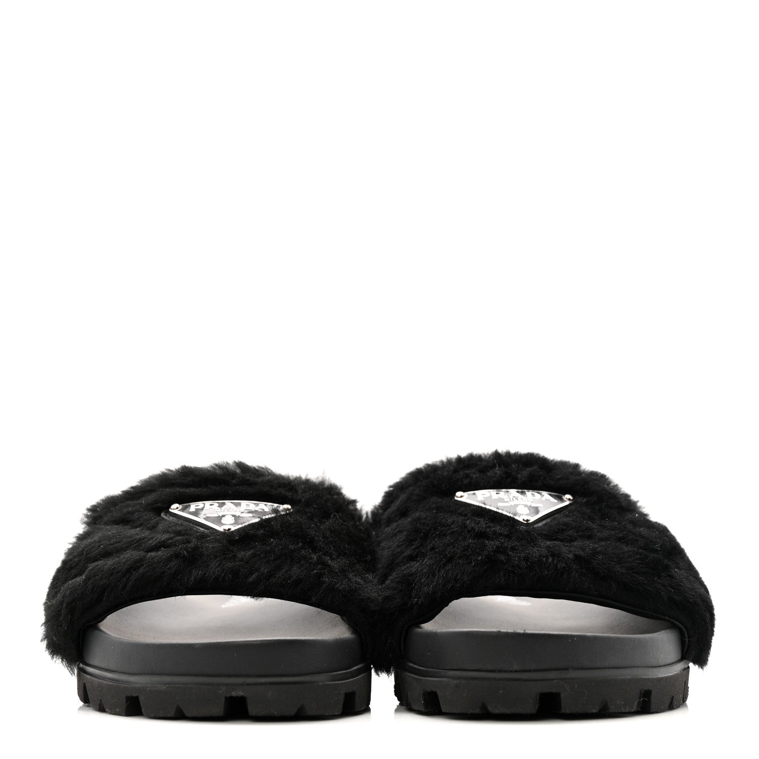 Prada Montone Metal Triangle Logo Lug Sole 20mm Slide Sandals 35 Black 3 of 9