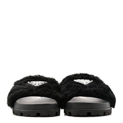 Prada Montone Metal Triangle Logo Lug Sole 20mm Slide Sandals 35 Black 3 of 9