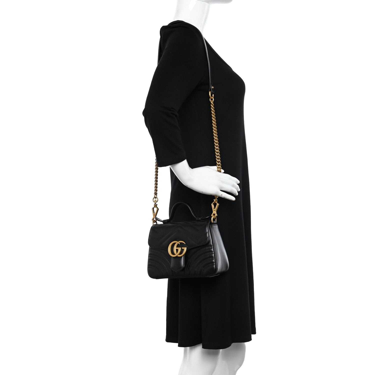 Gucci Calfskin Matelasse Mini GG Marmont Top Handle Shoulder Bag Black 2 of 10