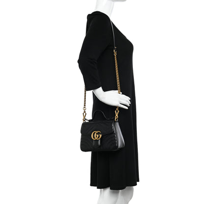 Gucci Calfskin Matelasse Mini GG Marmont Top Handle Shoulder Bag Black 2 of 10